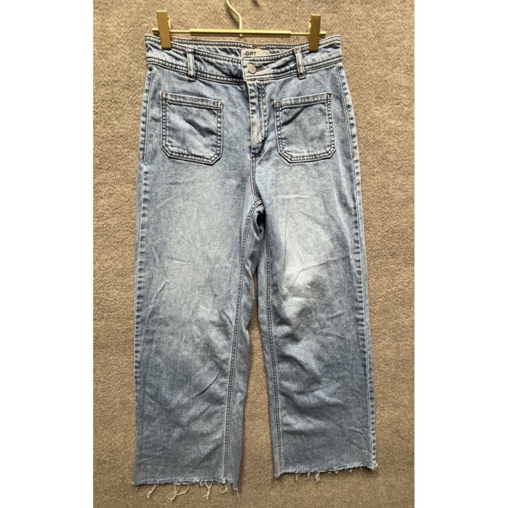 OAT Jeans Women 27 Blue New York Cloud Luxe Denim‎ Wide Raw Hem High Rise HW
